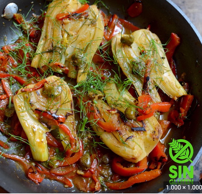 Hinojo salteado con tortilla de atún y sandia